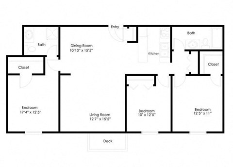 Floor plan for 3 beds, 2 baths, 1232 sqft